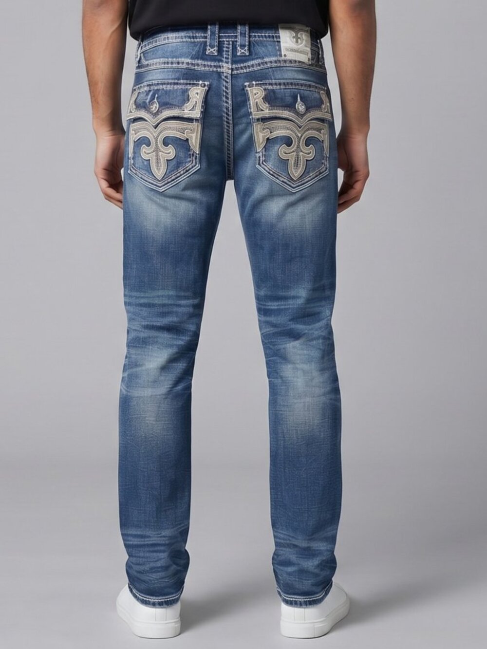 Rock Revival Jim Straight Leg Jeans Men 34x30 Dark Wash Thick Stitched EUC